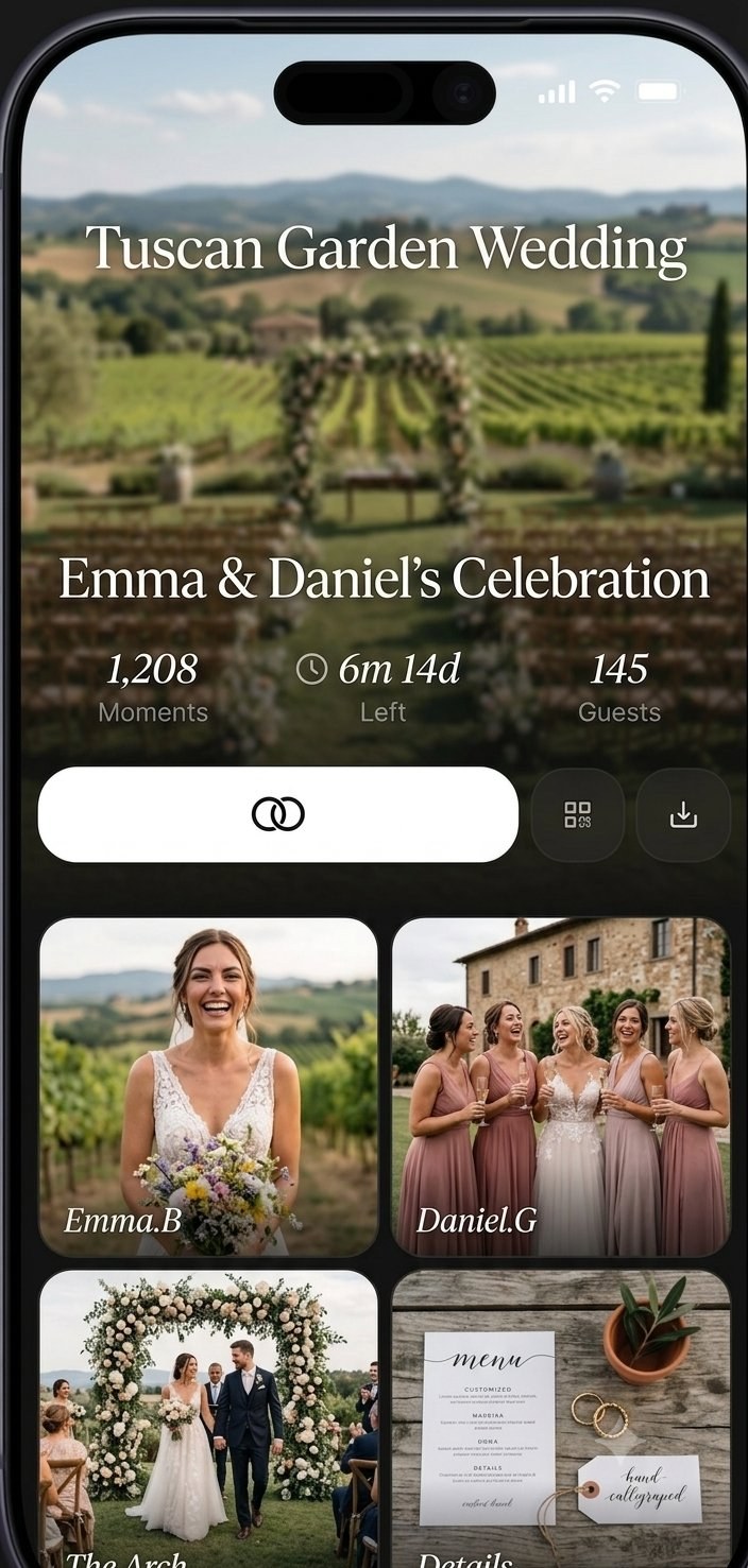 Folio app showing a revealed wedding film with guest-contributed photos