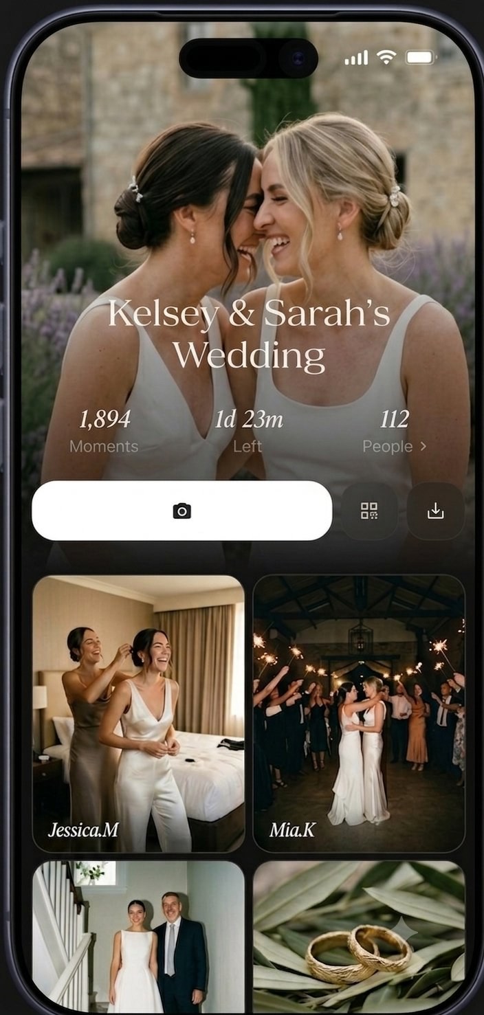 Folio app showing revealed wedding photos from multiple guests