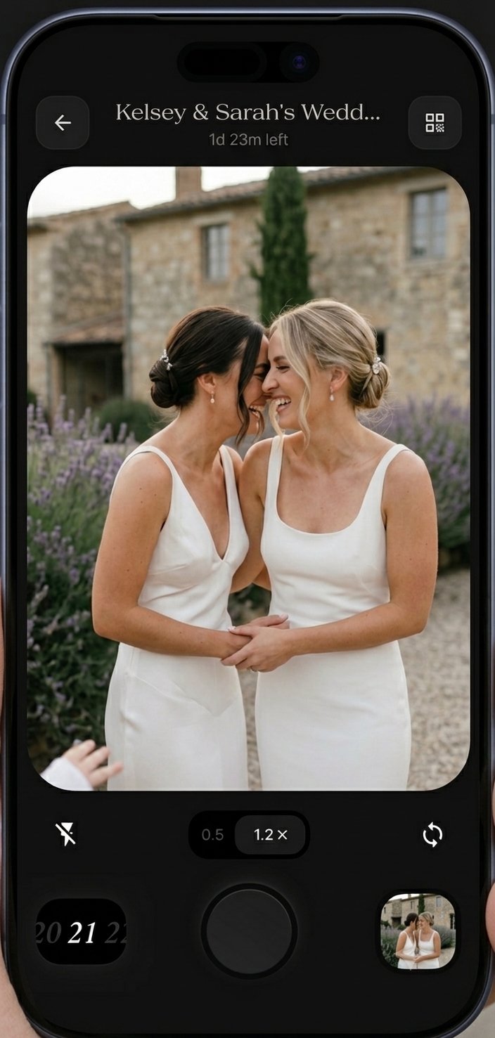 Wedding guest shooting a candid moment through Folio camera viewfinder